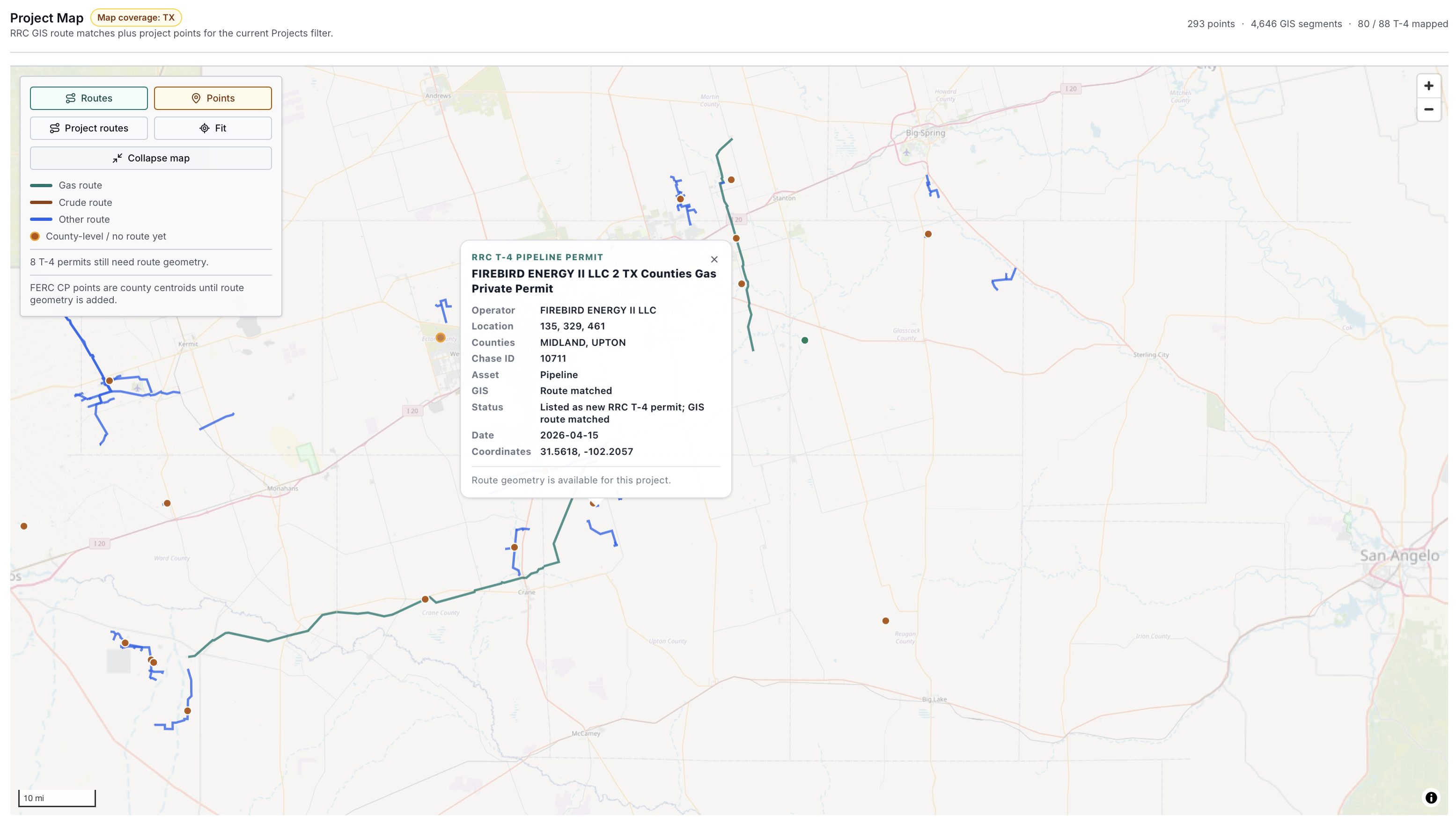 EnergyNetWatch midstream map showing a route-matched Texas RRC T-4 pipeline permit