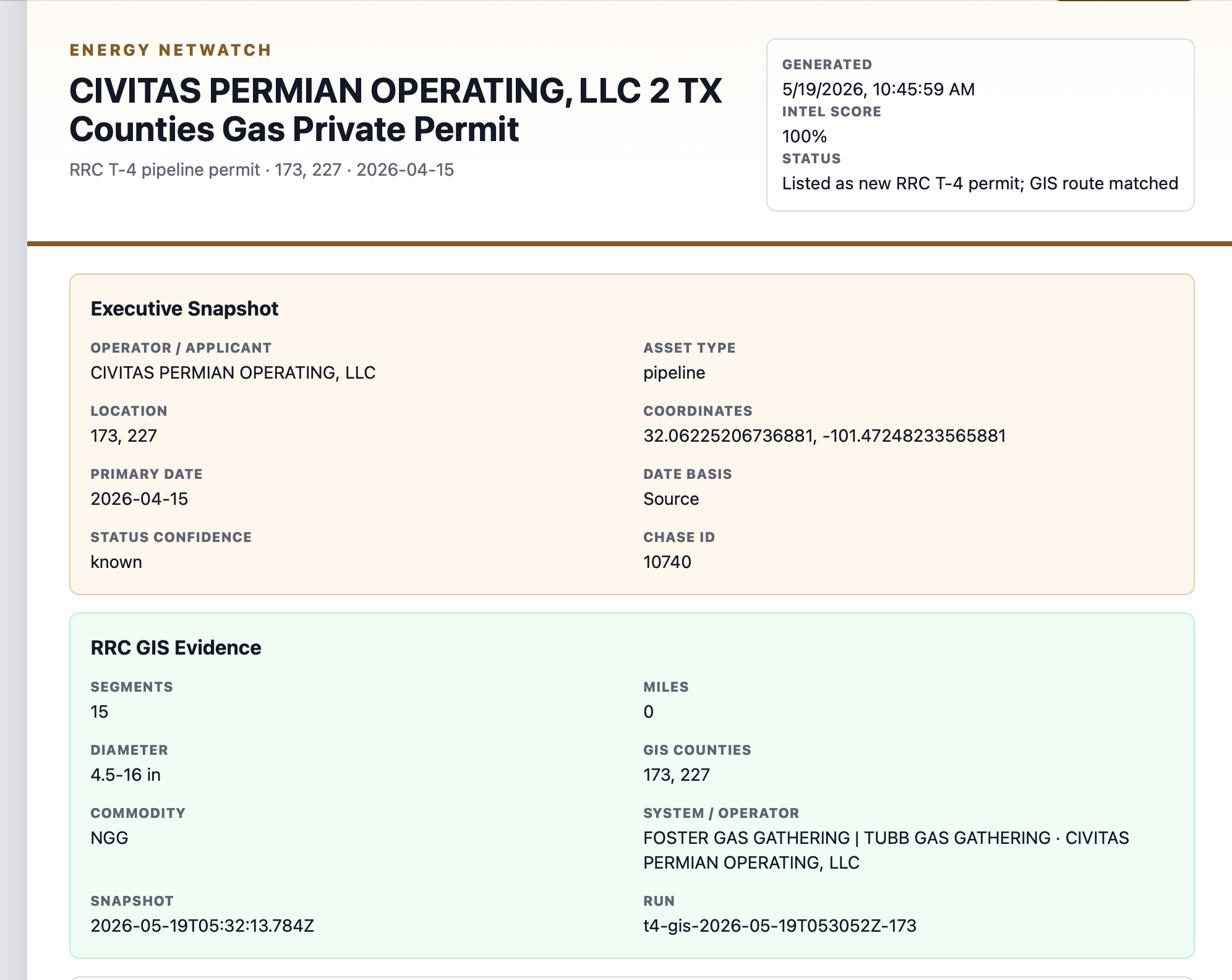 Energy-NetWatch Civitas T-4 detail view with source fields and GIS evidence