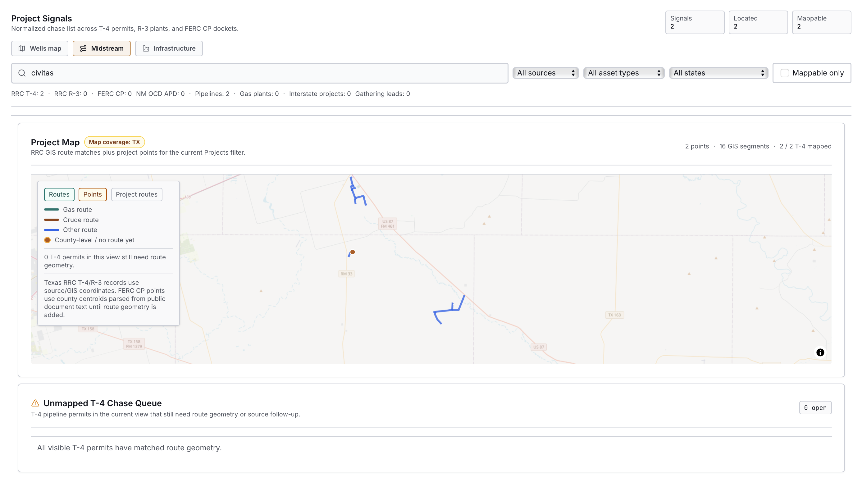 Energy-NetWatch midstream map view showing Civitas Texas T-4 route context